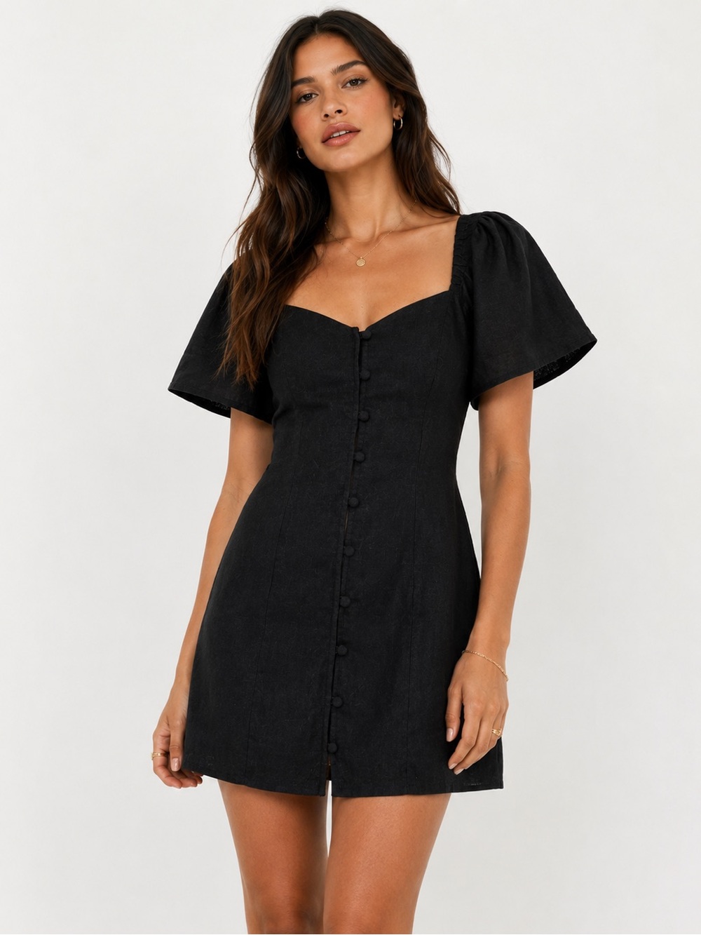 Abercrombie & Fitch Black Linen Mini Dress NWT Petite Medium Flowy Sleeves